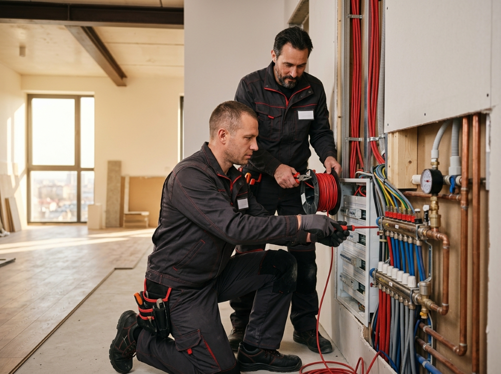 Técnicos de IMAGEC S.L. instalando cableado y fontanería en obra